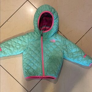 The North Face Aqua Quilted Jacket with Pink Trim
